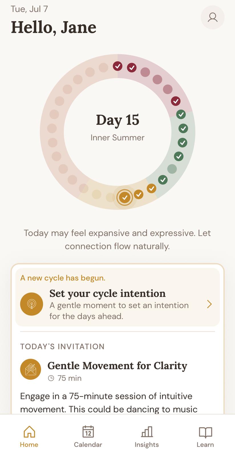 Syncira app showing your current inner season at a glance